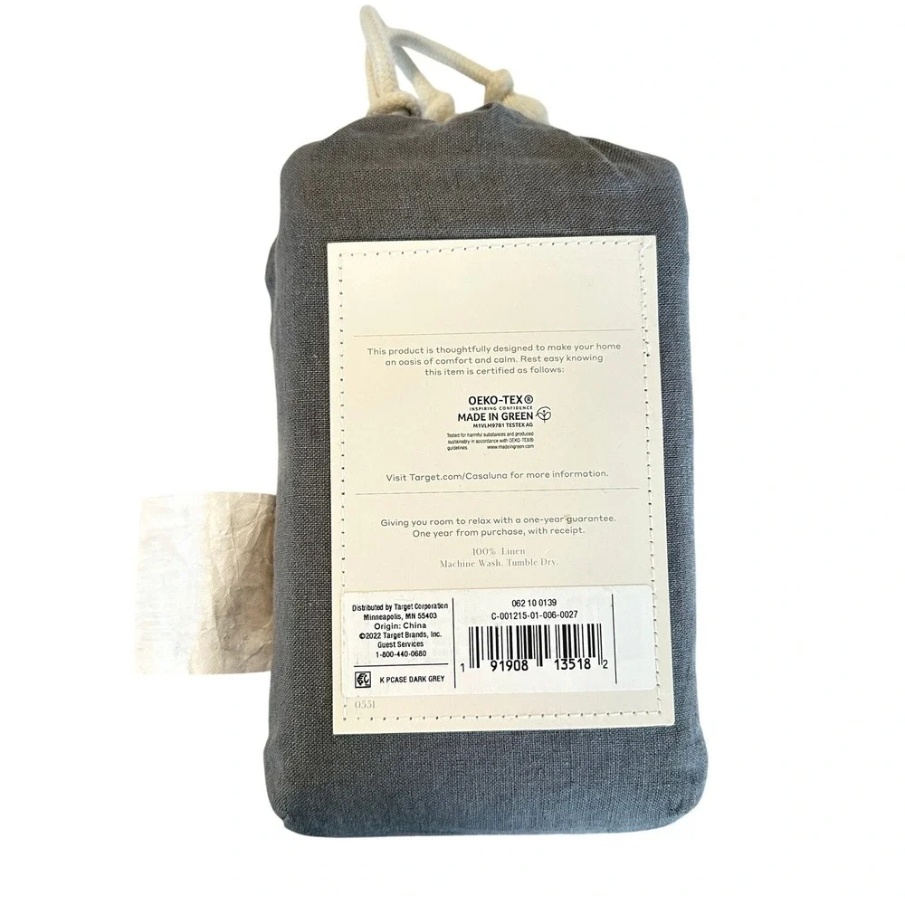 Casaluna King Size 100% Washed Linen Solid Pillowcase Set Dark Grey Set of 2 NWT
